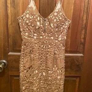 Nude and tan lace Bodycon deep V dress